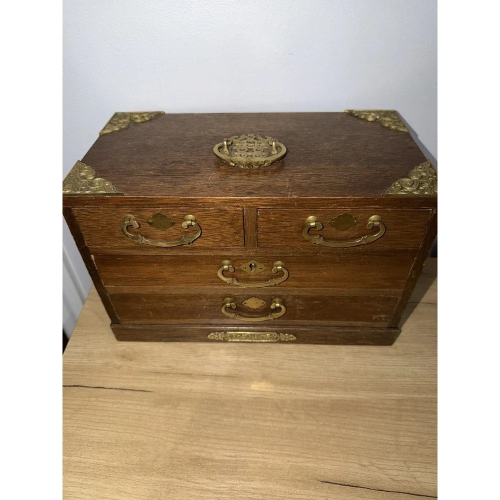 Vintage Brass Japan Tone Ornate Handles & Wood Jewelry Box Case Drawers